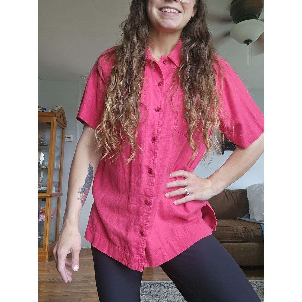 Karen Scott Women S Linen Rayon Pink Short Sleeve Button Up Collared Summer Chic